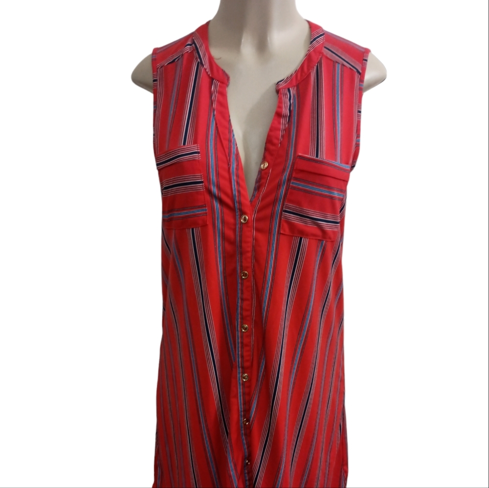 Red/navy/blue button down stretch sleeve dress90% polyester, 10% spandex